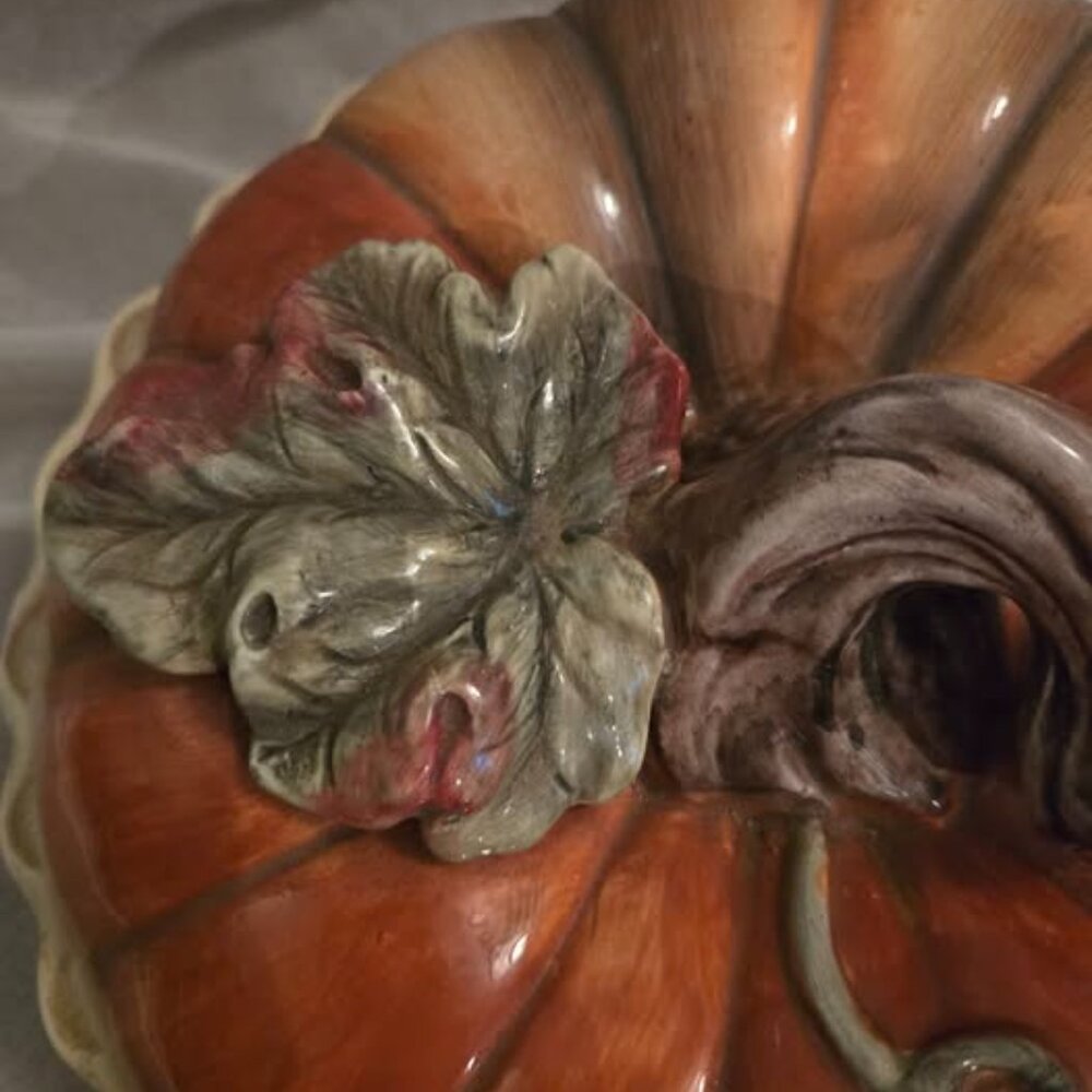 Vtg. Pumpkin Fall Thanksgiving Ceramic Pie Plate Dessert Server w/ Covered Lid - Picture 2 of 10